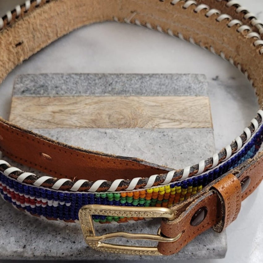 Beaded Belt | Western Stampede Themed | Genuine Leather | Blue - Alora Boutique