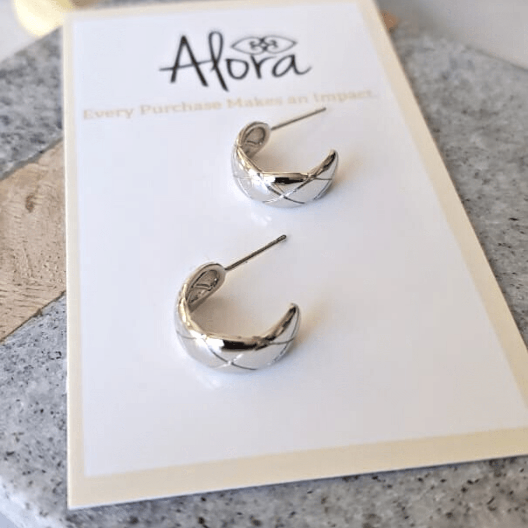 Katie | Dome Hoop Earrings Diamond Patterned - Alora Boutique