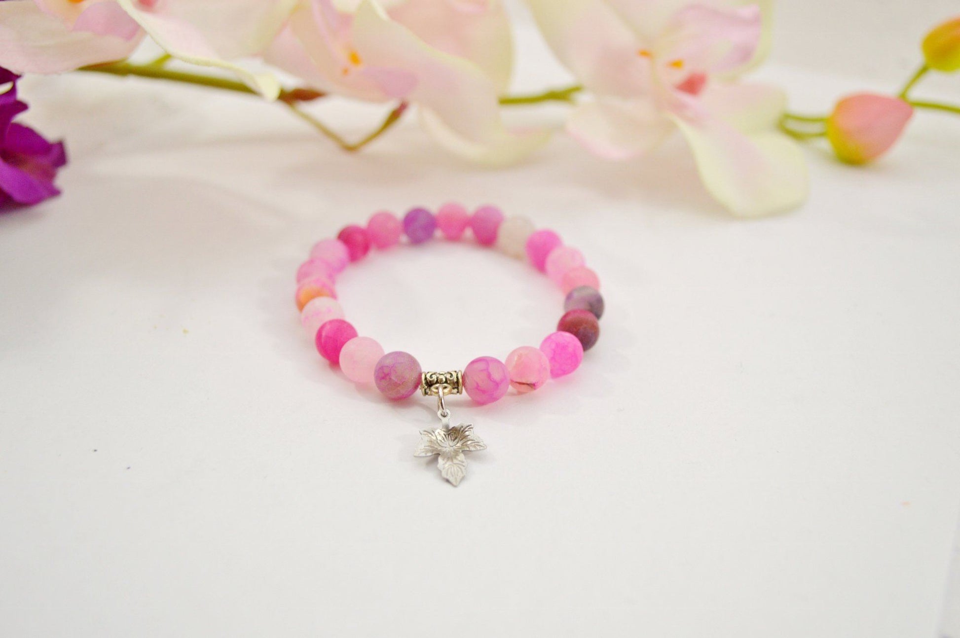 Pink Agate Canadian Maple Leaf Charm Gemstone Bracelet - Alora Boutique