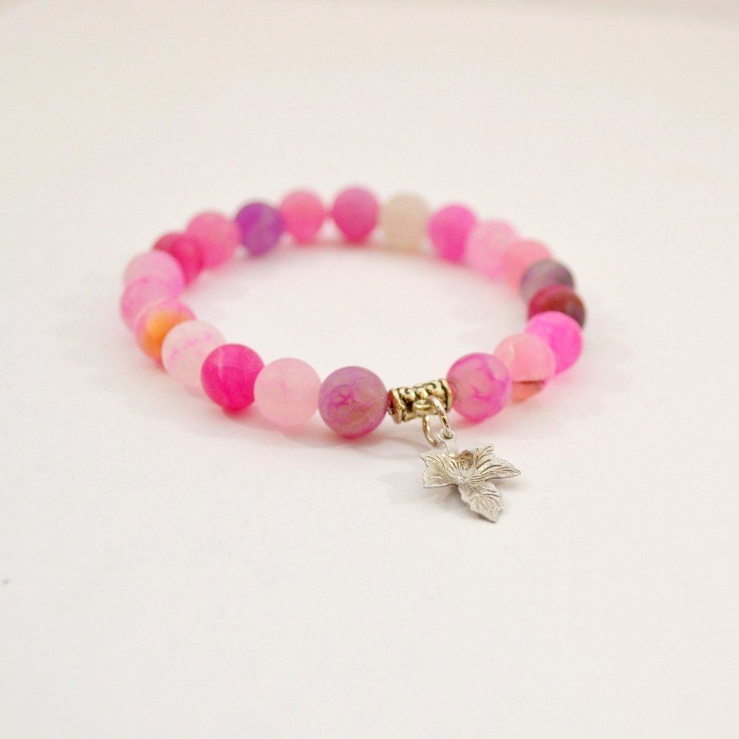 Pink Agate Canadian Maple Leaf Charm Gemstone Bracelet - Alora Boutique