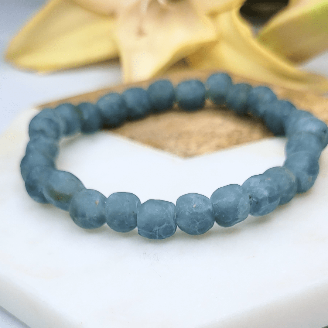 Zula - Ice Blue | Grey Lava | African Recycled Glass Bead Bracelet - Alora Boutique