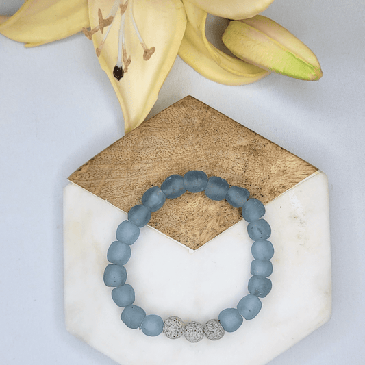 Zula - Ice Blue | Grey Lava | African Recycled Glass Bead Bracelet - Alora Boutique